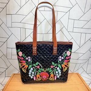 Consuela Black Quilted Patent Tote Floral Embroidery Leather Shoulder Bag Purse
